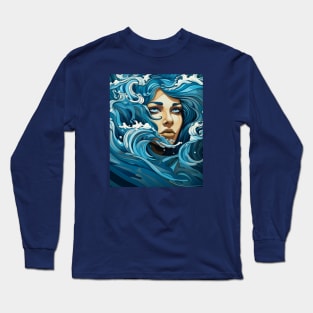 Surrealistic woman face in sea waves illustration Long Sleeve T-Shirt